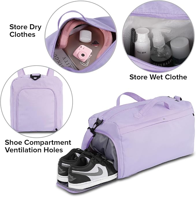 Sports fitness Gym Bag for Women, Yoga Swim Workout Travel Duffel Overnight Shoulder Bags with Shoe Compartment and Wet Pocket Ladies Weekend Carry on Luggage Dance College Purple