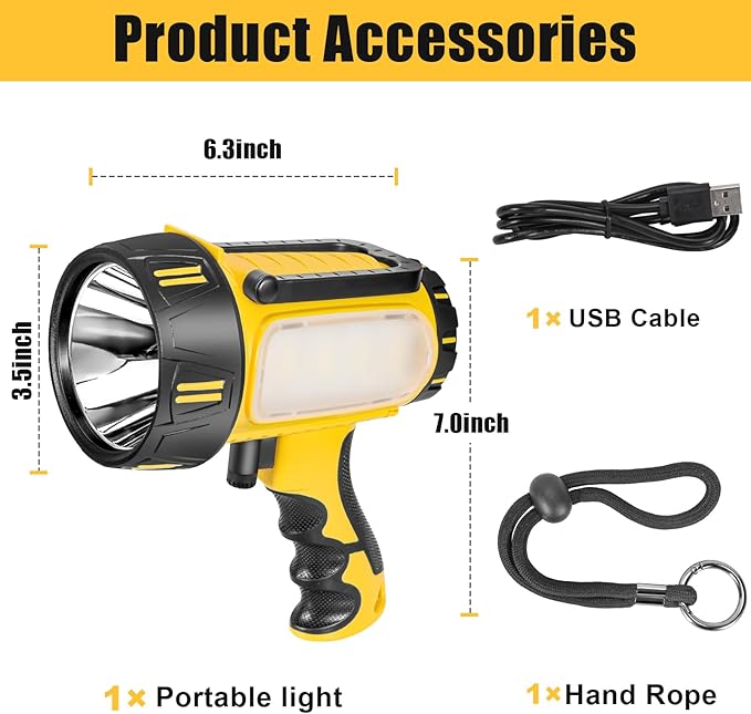 Super Bright Rechargeable Spotlight Handheld Rechargeable LED Flashlight Tactical Searchlight with USB Output 6 Light Modes Camping Light (Yellow)