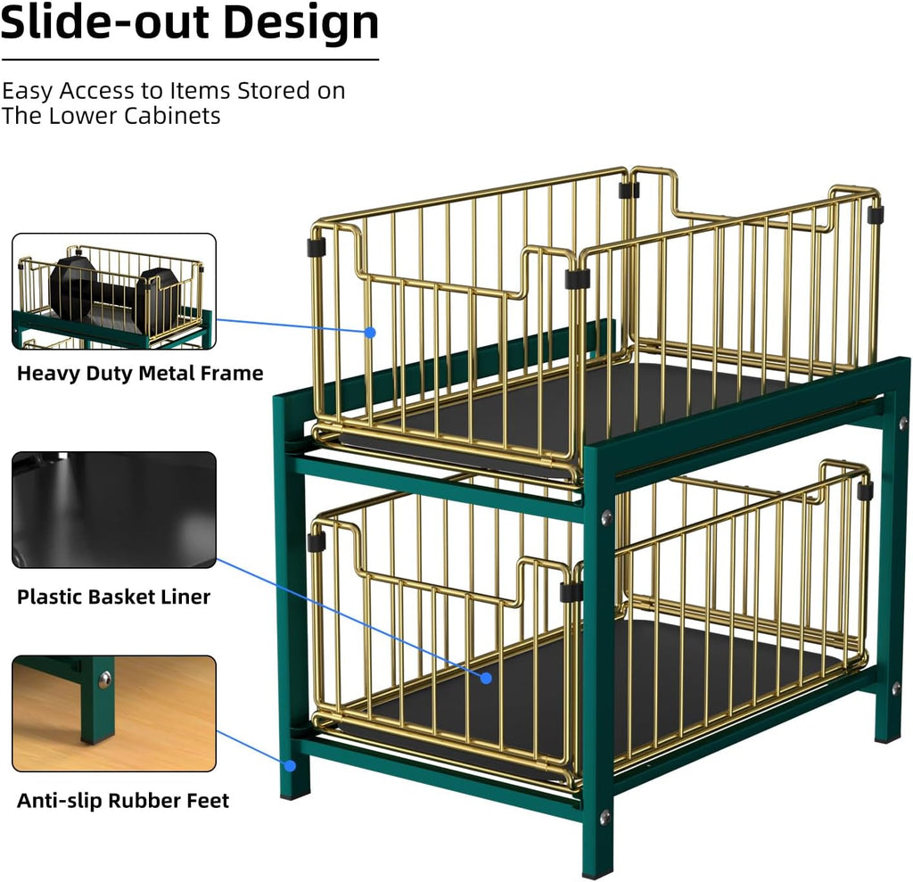 2 Tier Sliding Basket Drawer Organizer, Lxmons Pull Out Under Sink Cabinets Organizers, Metal Home Shelf for Bathroom or Kitchen, Sliding Countertop or Pantry Storage Shelf, Large Gold Green