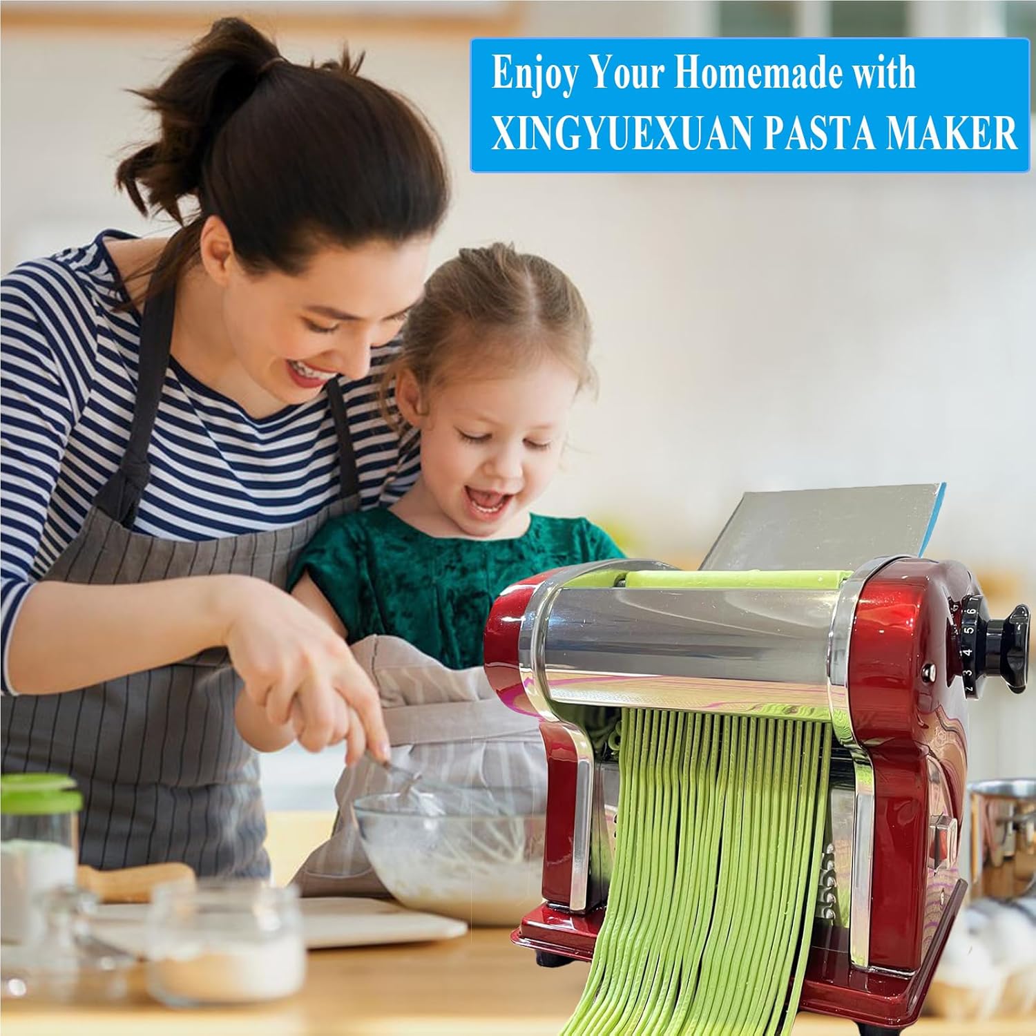 XINGYUEXUAN Electric Pasta Maker Noodle Machine with 1 Blades of 2.5 mm Round, 9 Gear Thickness Adjustment 0.3-4 mm for Pasta Noodle Dumpling (red)