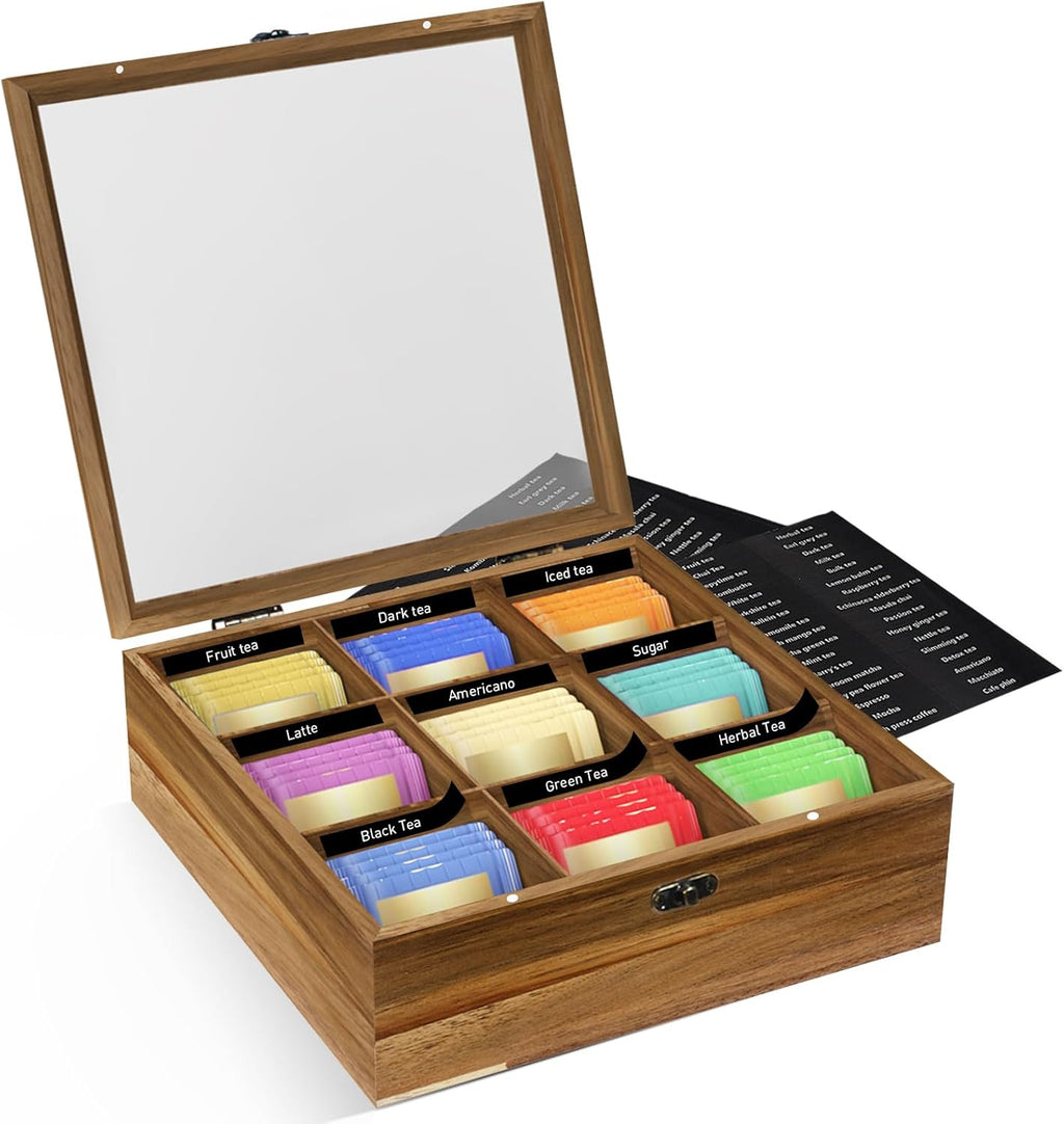 Acacia Wood Tea Bag Organizer Tea Storage Box with Clear Acrylic Top Window & 9 Compartments Tea Bag Holder for Home Office Gift (Acacia)