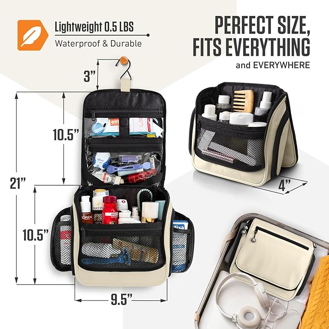 VENTURE 4TH Hanging Travel Toiletry Bag for Women & Men - Travel Organizer with Expandable Compartments & Removable Clear Pouch for Toiletries (Beige)