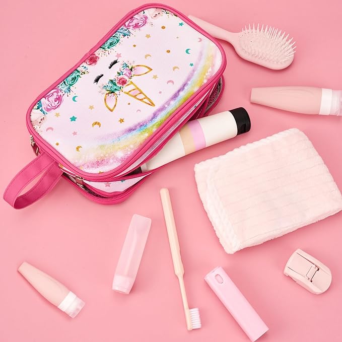 WAWSAM Rainbow Pink Toiletry Bag - Travel Toiletry Bag for Kids Girls Christmas Birthday Gift Camping Toiletry Case Toiletries Makeup Cosmetic Pouch Pink Water-resistant Wash Bag Dopp Kit with Pocket