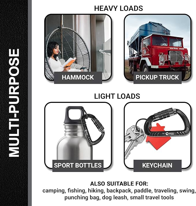 12kN (2697 lbs) Heavy Duty, Locking, Auto Locking, Wiregate Carabiner Clips, for Securing Pets, Outdoor, Camping, Hiking, Hammock, Dog Leash Harness, Keychains