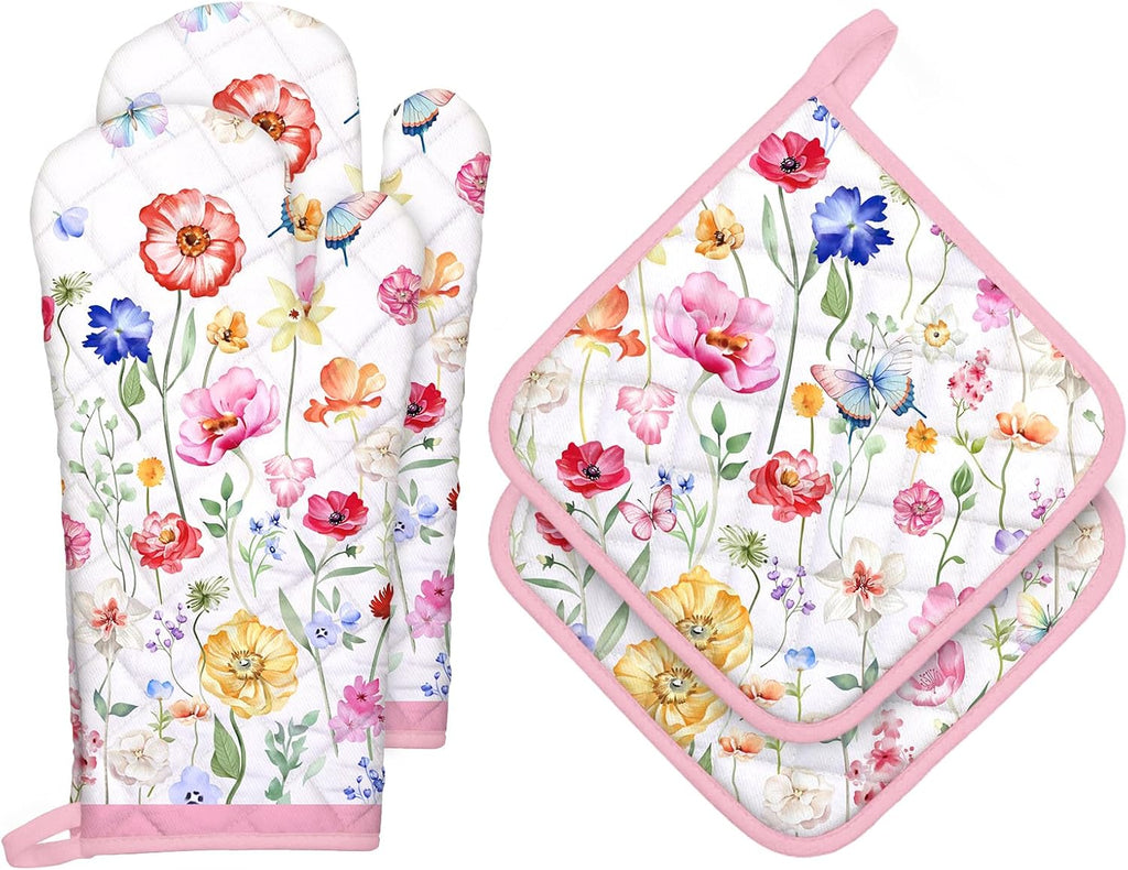 Wildflower Oven Mitts and Pot Holders Sets 4Pcs, 100% Cotton Heat Resistant, Extra Long Oven Gloves Potholder for Kitchen Cooking Baking Decoration