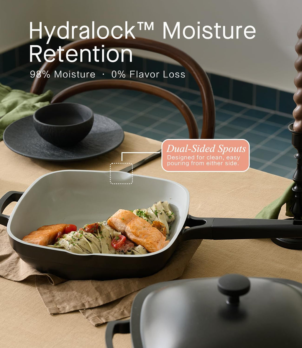 10.5 Inch(3.8QT) Deep Frying Pan,Non Stick Frying Pans Cast Aluminum,Ti-Ceramic Non Toxic Pix Pan with Lid,Natural Wooden Spatula and Loofah Scrubber-Midnight Hearth