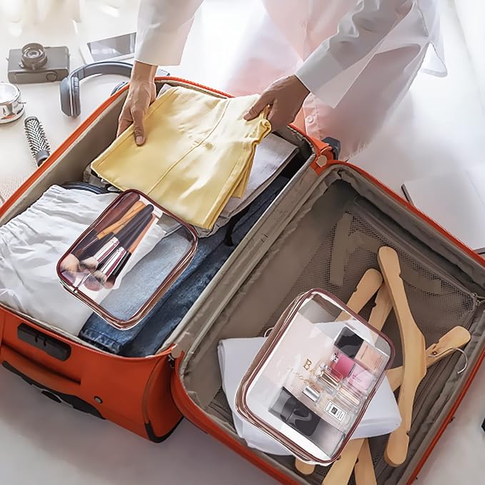 6Pcs Crystal Clear PVC Travel Toiletry Bag Kit for Women Men, Waterproof Vinyl Packing Organizer Storage Bags with Zipper Handle Straps, Cosmetic Pouch Carry on Airport Airline Compliant Bag Handbag