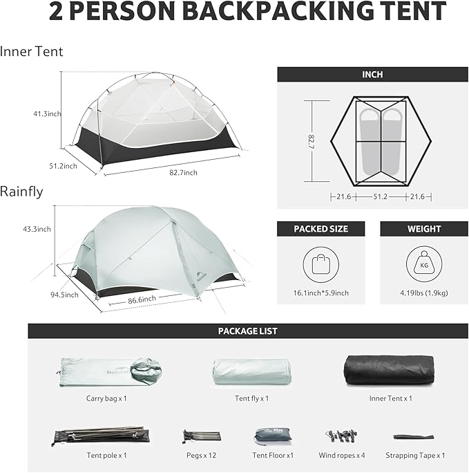 Naturehike Mongar UL 1/2Person Backpacking Tent,15D Nylon Waterproof Ultralight 1-2 Person Tent with Footprint