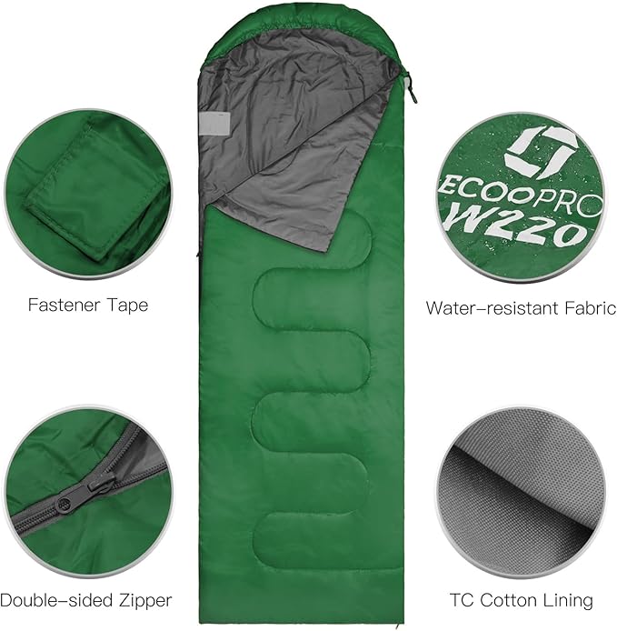 ECOOPRO Warm Weather Sleeping Bag - Portable, Waterproof, Compact Lightweight, Comfort with Compression Sack - Great for Outdoor Camping, Backpacking & Hiking-83 L x 30" W Fits Adults