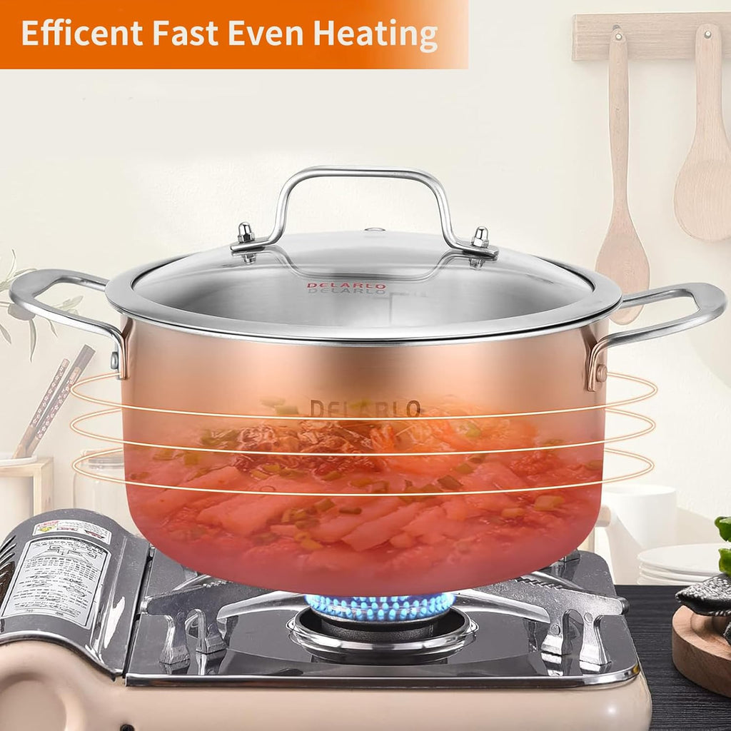DELARLO Tri-Ply Stainless Steel Stock Pot, 5 Quart Stockpot with Lid, All Stoves Safe Up to 600℉, Saving Fuel 20%, Heavy Duty, Soup Pot with lid, Kitchen Essentials, Fast Even Heat