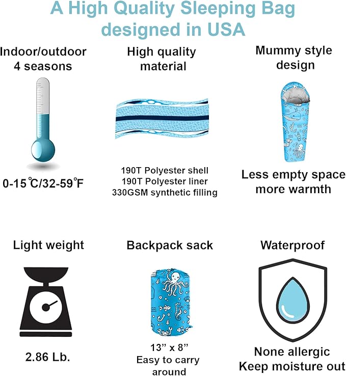 KidzAdventure Mummy Style 32 – 59F Kids Sleeping Bag with Pillow Sleeve, 4 Season, Lightweight and Backpacking Style, Ideal for Camping, Sleepover, Boys, Girls, Youth and Toddlers