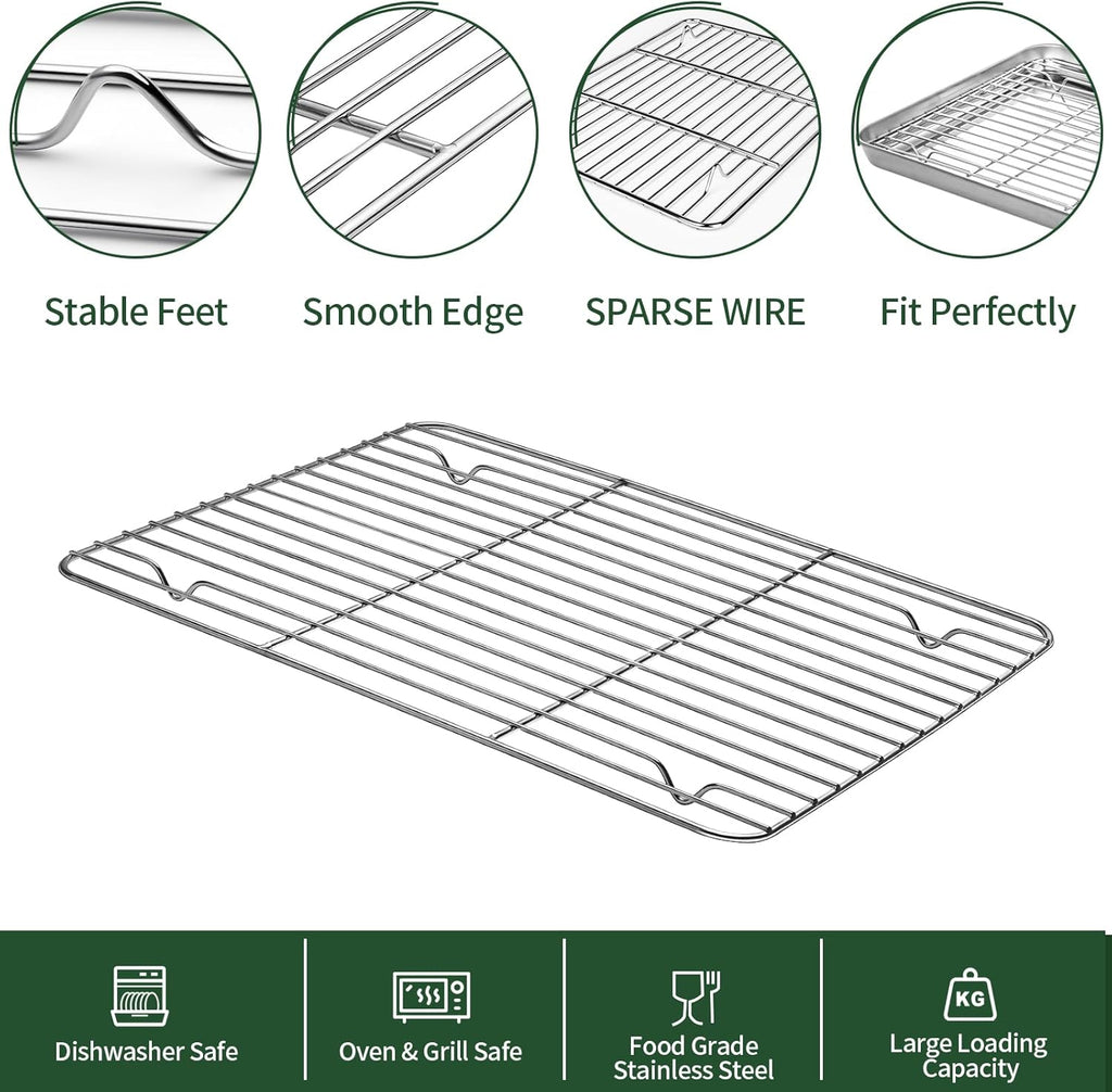 Baking Sheet with Wire Rack Set [2 Quarter Sheet Pans + 2 Wire Racks ], CEKEE Stainless Steel Cookie Sheets for Baking with Baking Rack, Non Toxic & Heavy Duty & Easy Clean, Size 12 x 10 x 1 Inch
