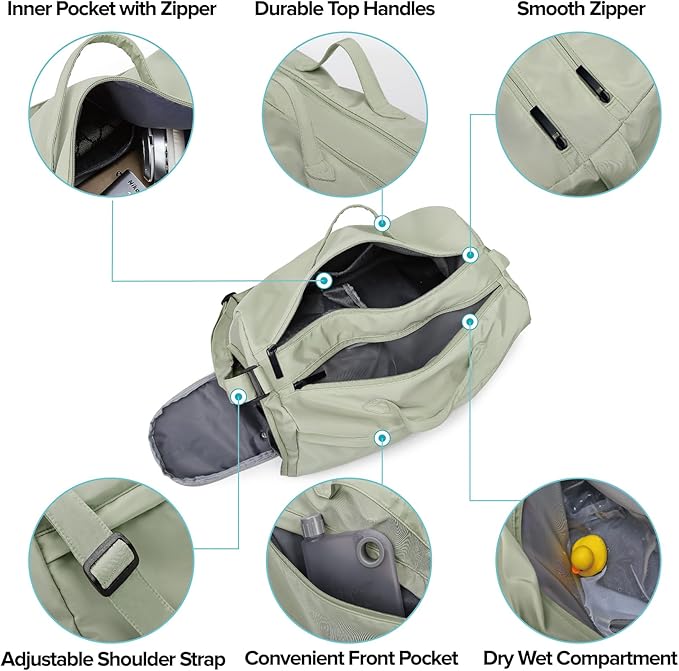 Sports Gym Bag for Women, Travel Workout Duffel Overnight Shoulder Bags with Shoes Compartment and Wet Pocket Lightweight Weekend Waterproof Mint Green