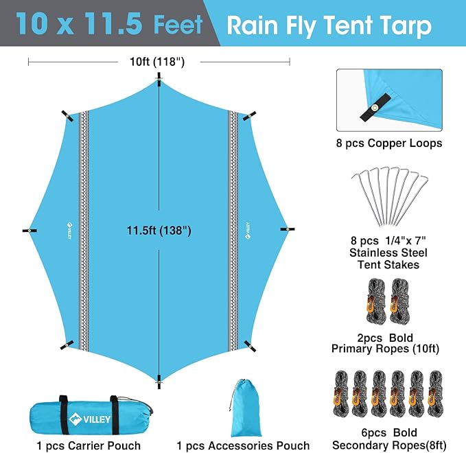 VILLEY Waterproof Hammock Tent Rain Fly, Octagonal Camping Tarp, Sun Shelter for Camping, Backpacking, Hiking, Accessory Includes Stakes, Ropes and Carry Bag (Blue)