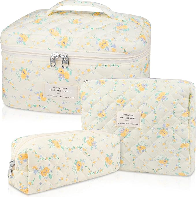 Makeup Bag Set, Quilted Makeup Bag, Large Floral Cosmetic Bag for Women, Cute Cotton Makeup Bag, Flower Travel Toiletry Organizer Bag (Yellow Daylily)
