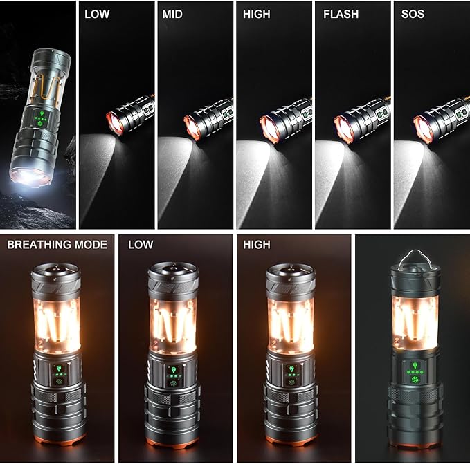 2 in 1 Rechargeable Flashlight 5000mAh All Aluminum Body Camping Lantern True 5000 Lumens Outdoor Camping Light , Zoomable LED Flash Light with Electric Lantern Failure Emergency Survival Kits