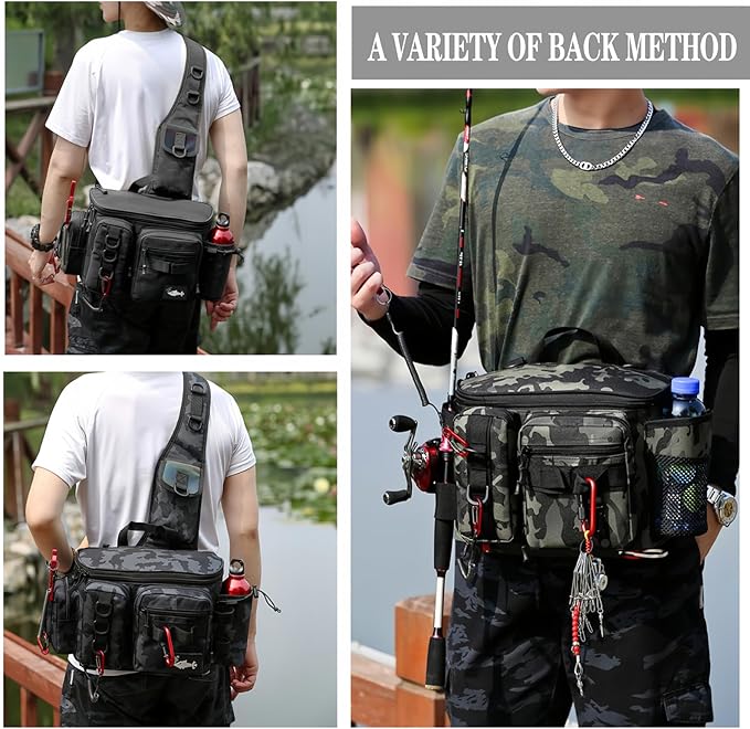 YIANTU-Fishing Tackle Backpack Fishing Fanny Pack Crossbody Bag Fishing Tackle Box Organizer with Rod & Gear Holder, Ideal for Fishing, Camping, Hiking and More!, 16.5*8.3*6.7inches