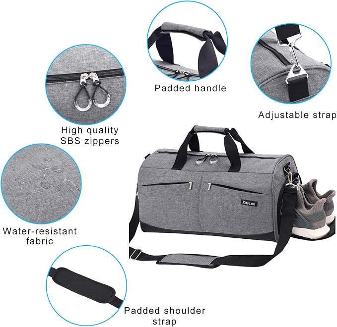 Kuston Sports Gym Bag with Shoes Compartment &Wet Pocket Gym Duffel Bag Overnight Bag for Men and Women-Grey