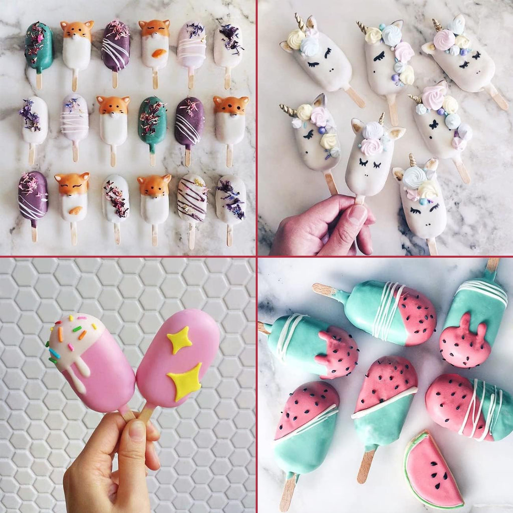 Sakolla Popsicle Silicone Mold, 4 Cavities Ice Pop Molds, Ice Cream Mold Oval Cake Molds with 50 Wooden Sticks