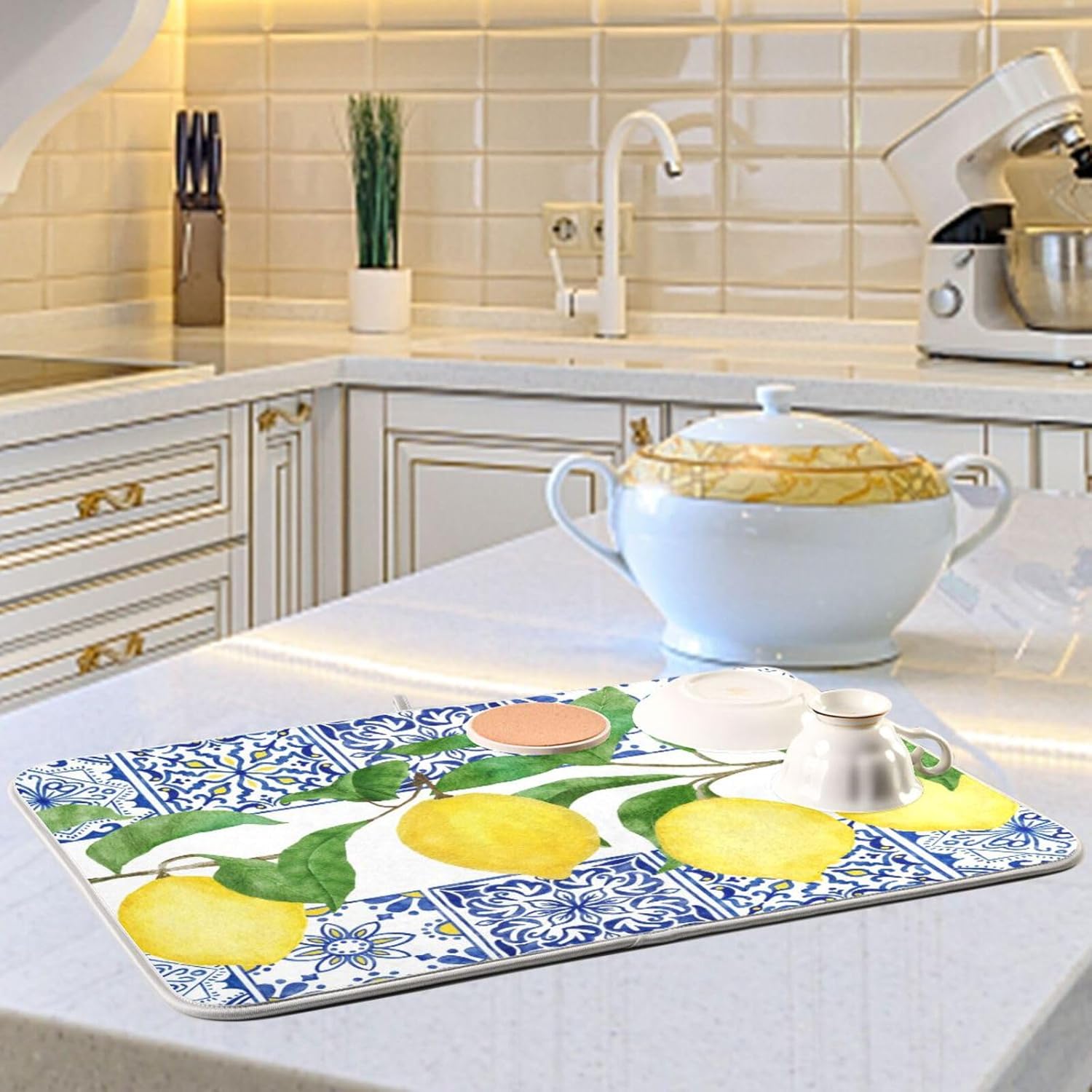 Lemon Blue Tiles Dish Drying Mat for Kitchen Counter Absorbent Microfiber Drying Pad, Medium 16x18 in, Reversible Drainer Mats