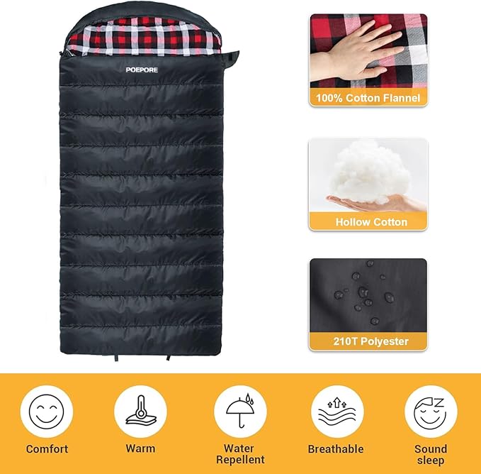 0 Degree Sleeping Bag 100% Cotton Flannel XXL Cold Weather Winter Oversized Sleeping Bag for Adults Camping Zero Degree Big and Tall with Compression Sack