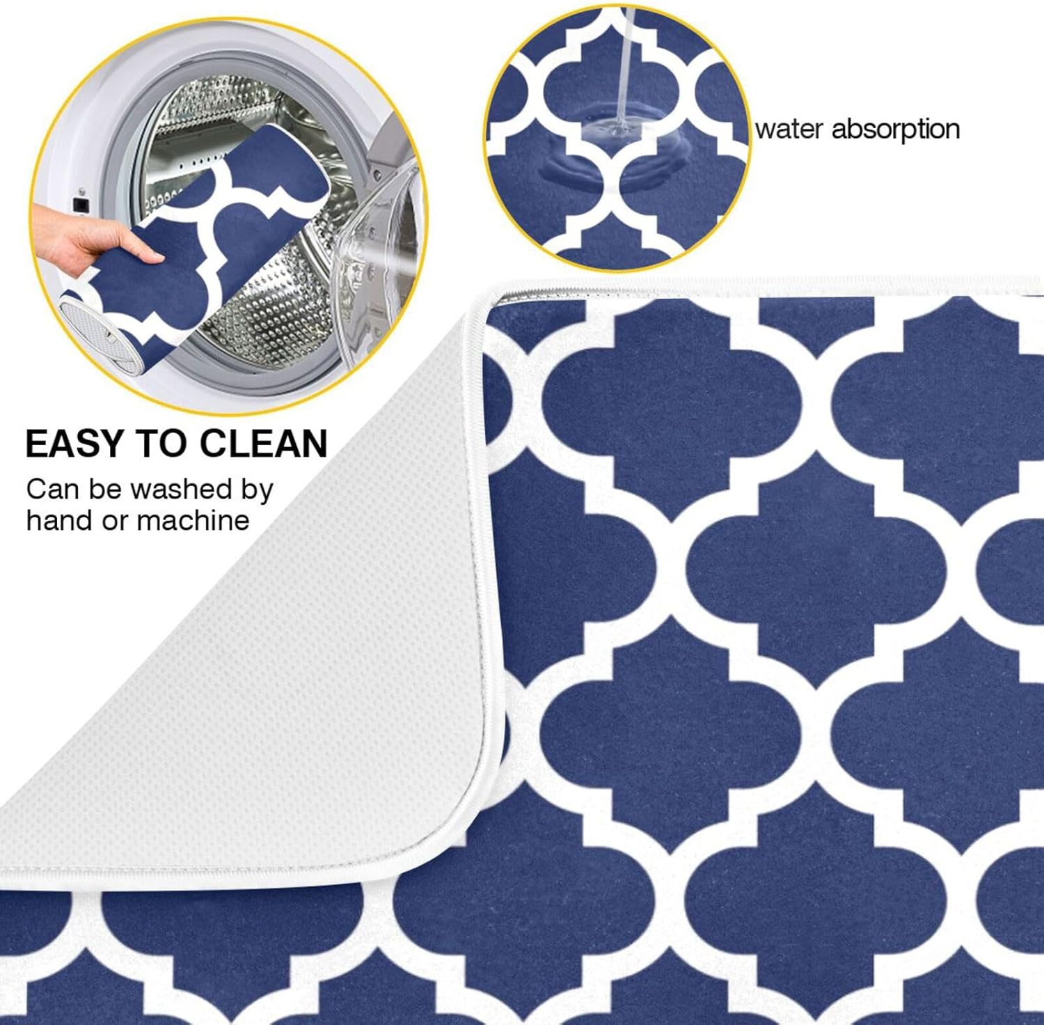 Navy Blue Trellis Lattice Dish Drying Mat for Kitchen Counter Absorbent Microfiber Drying Pad, Large 18x24 in, Reversible Drainer Mats