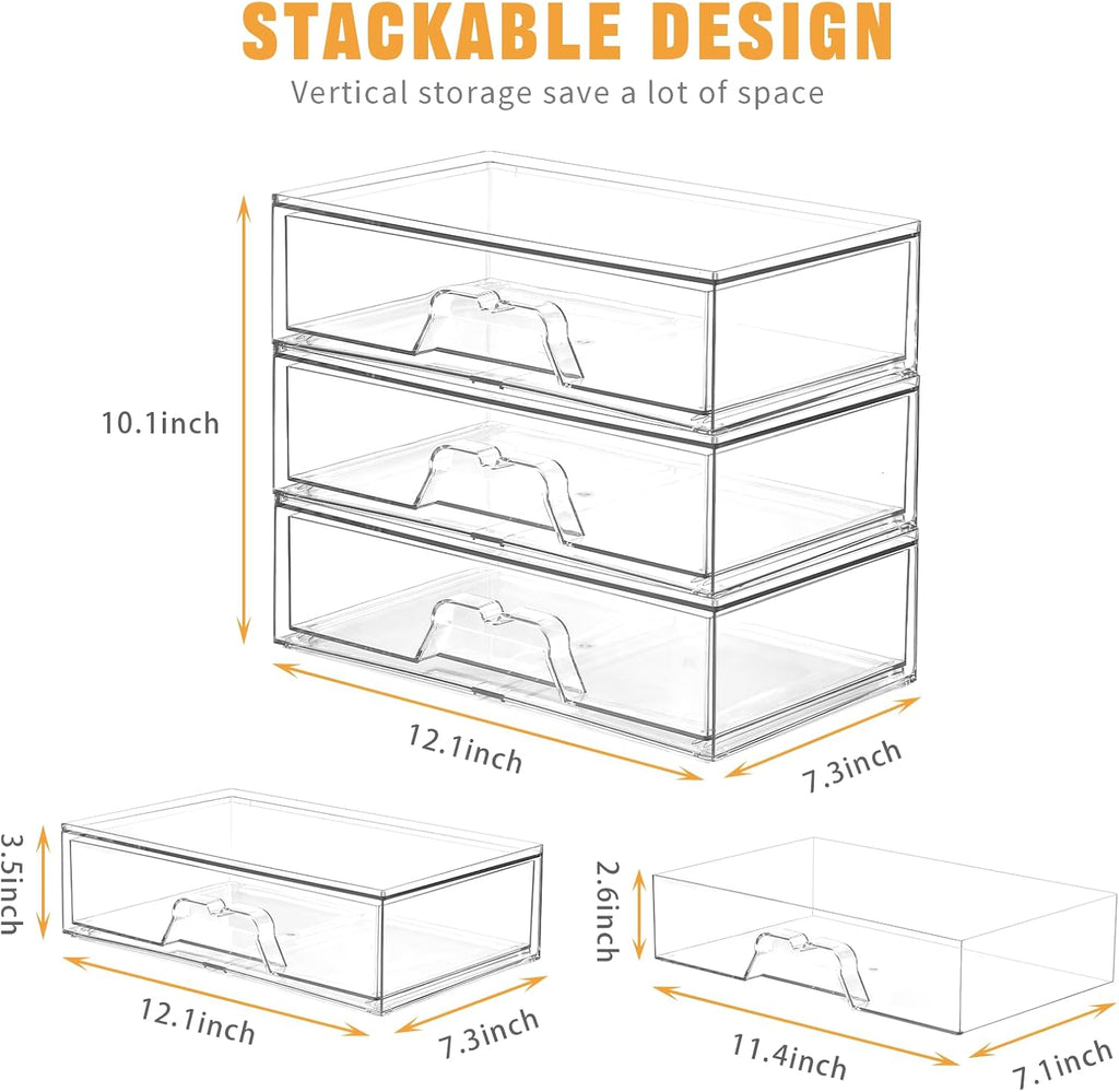 2 Pack Stackable Makeup Organizer, 12.1''L Acrylic Bathroom Organizer and Storage Undersink Drawer, Cosmetics and Beauty Supplies,Clear Plastic Storage Bins for Desk,Cabinet,Kitchen,Vanity,Pantry
