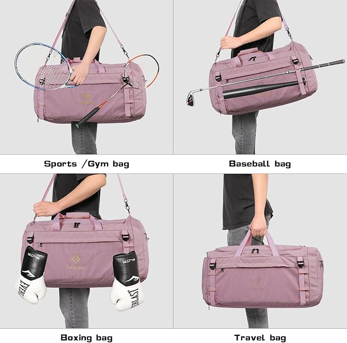 Eackrola Large Sports Gym Bag, Travel Duffel bag with Wet Pocket & Shoes Compartment for men women, 65L, Lightweight（Pink）