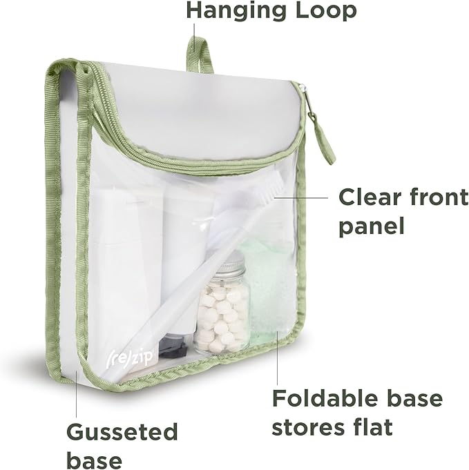 (re)zip Zippered TSA-Compliant Travel Quart Bag | Zippered, Reusable, Storage Bag for Toiletries, Makeup, Suitcase Organization | BPA-Free, Food Grade, Machine Washable (Clear, Sage Piping)