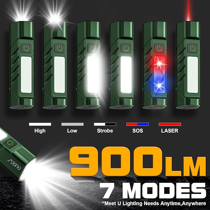 Rechargeable EDC Flashlight with Red Beam and White LED Combo, 900 Lumens Portable Pocket Lights, USB-C Charging, IPX4, Triple Sources for Outdoors Emergency Working (Green)