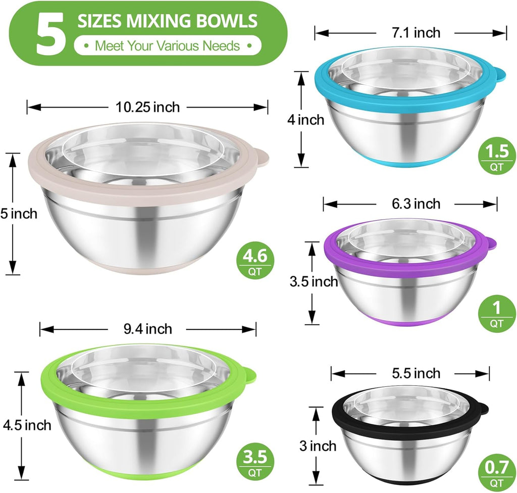 TeamFar Mixing Bowls, 5PCS Stainless Steel Serving Salad Bowls with Lids, For Kitchen Mixing/Baking/Storing/Prepping, Visible & Airtight, Non-Slip Bottom - 4.6/3.5/1.5/1 / 0.7 QT, Multi-color