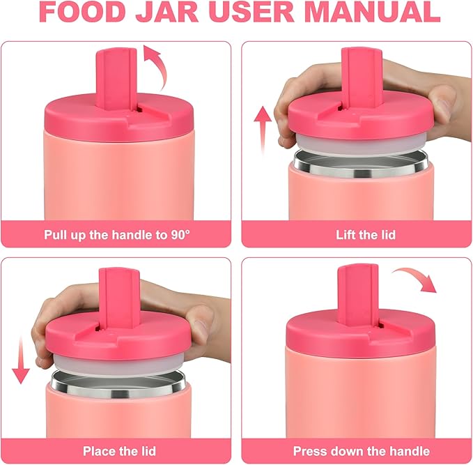 17 OZ Soup Thermo for Hot Food Insulated Vacuum Food Jar with Buckle Lid, Stainless Steel Wide Mouth Leak Proof Lunch Container for School Travel Pink