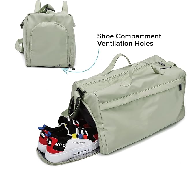 Sports Gym Bag for Women, Travel Workout Duffel Overnight Shoulder Bags with Shoes Compartment and Wet Pocket Lightweight Weekend Waterproof Mint Green