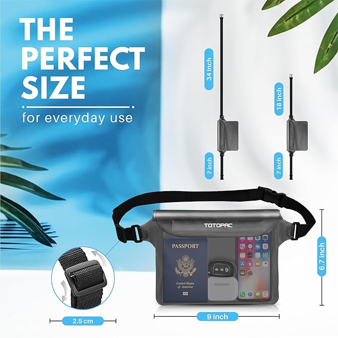 2-Pack Waterproof Fanny Pack, Phone Pouch with Waist Strap, 9x6.7 Inch Dry Bag for Phone, Cash, and Valuables – for Swimming, Kayaking, Boating, Snorkeling, and Water Sports (2, Grey + Blue)