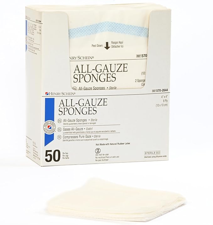Premium 100% Cotton All-Gauze Sponge 4x4 8 Ply Sterile Square for Wound Care & Home First Aid Kits - 50/Box