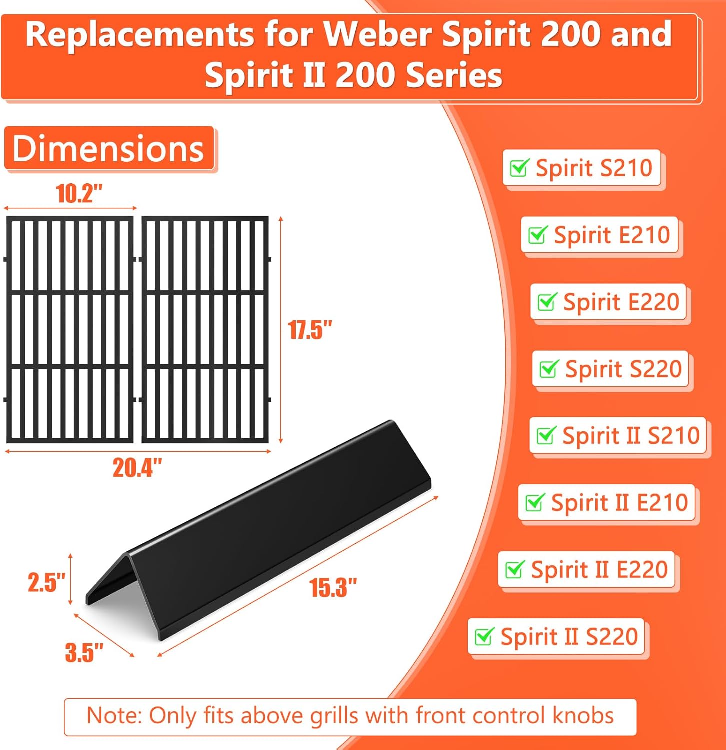 QuliMetal 7635 7637 Grill Replacements for Weber Spirit E-210, Spirit 200, GS4 Spirit II 200, Spirit II E-210 Series Grills with Front-Mounted Control, 15.3" Flavorizer Bars & 17.5" Grates
