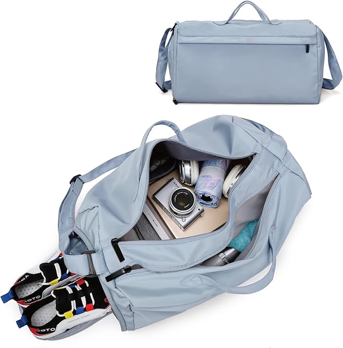 Sports Gym Bag for Women, Travel Workout Duffel Overnight Shoulder Bags with Shoes Compartment and Wet Pocket Lightweight Weekend Waterproof Blue