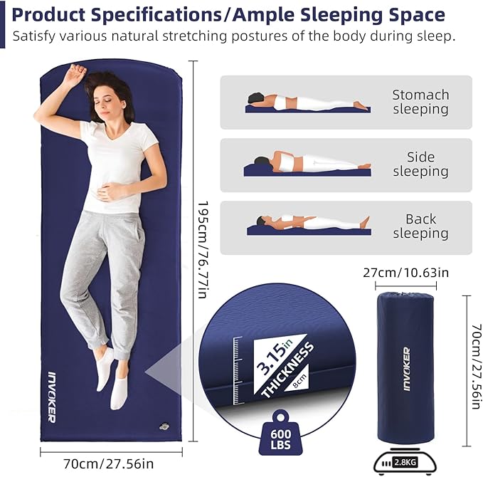 INVOKER 3.15" Camping Sleeping pad, Ultra-Thick Elasticity Foam Fast Self-Inflating 4-Season Insulated Durable Camping Mat Air Mattress with Pillow, for Tent, Car, Camping, Traveling, Blue