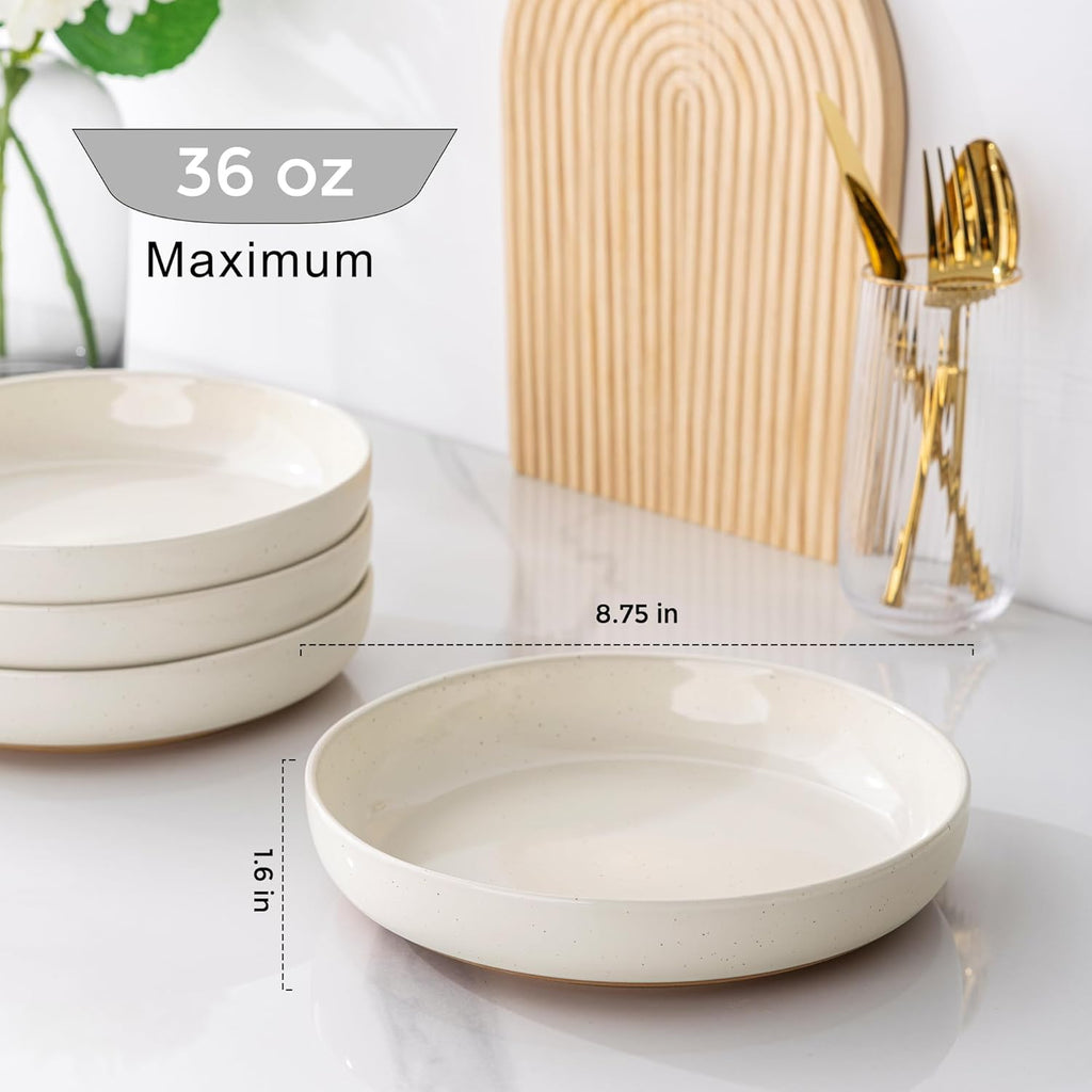 AmorArc 8.75'' Large Ceramic Pasta Bowls, 36oz Handpainted Stoneware Bowls Set of 4, Microwave&Dishwasher Safe Bowls with Wavy Rim&Rustic Terracotta Underside for Pasta Salad, Light Beige