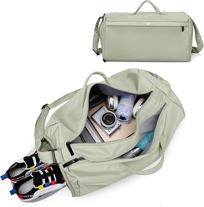 Sports Gym Bag for Women, Travel Workout Duffel Overnight Shoulder Bags with Shoes Compartment and Wet Pocket Lightweight Weekend Waterproof Mint Green