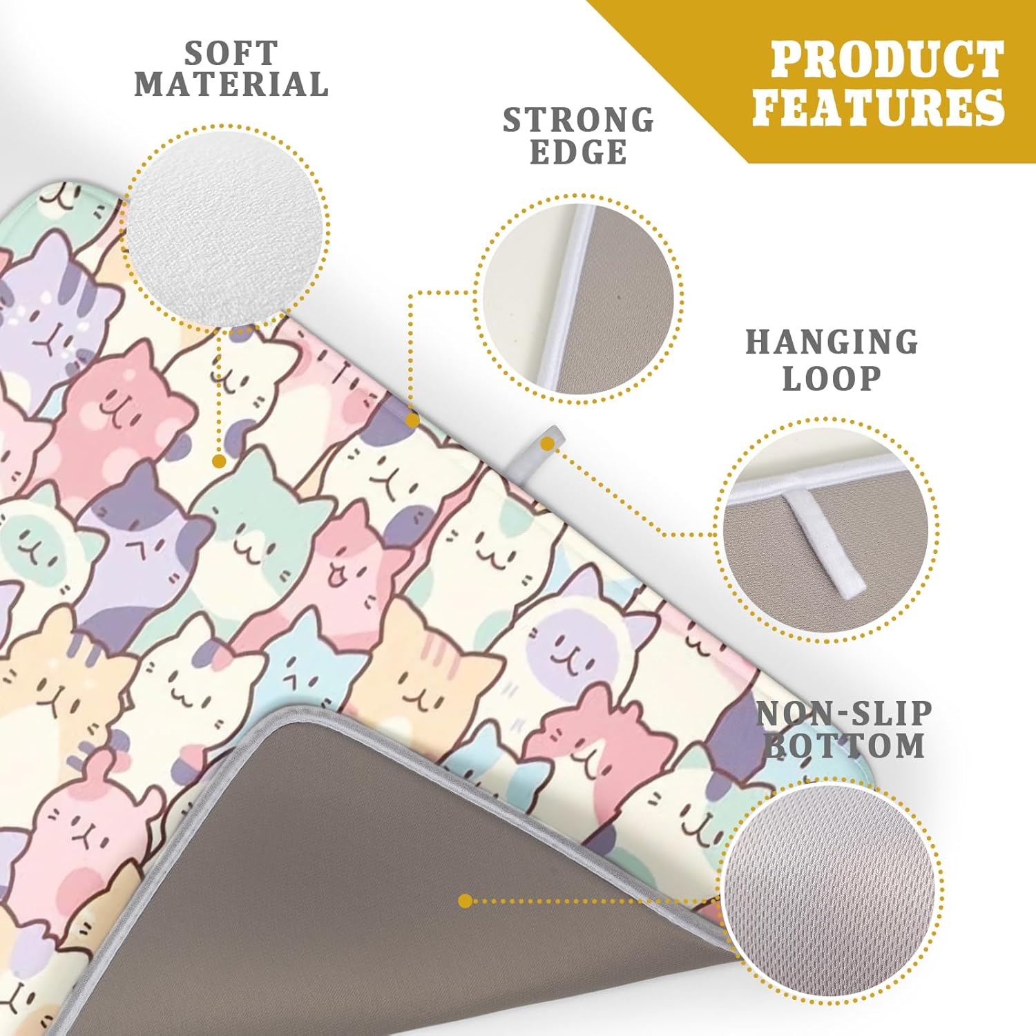 Colorful Cats Dish Drying Mat 18x24 inch Cute Animal Microfiber Reversible Fast Dry Dishes Drainer Rack Pad for Counter Kitchen Table Decor