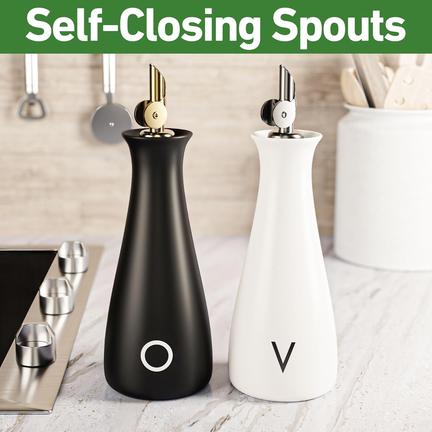 Oil and Vinegar Dispenser Set with Self-Closing Stainless Steel Spouts - 530 ML Capacity Matte Ceramic Leak Proof EVOO & Vinegar Dispensing Bottle Set of 2 - Olive Oil and Vinegar Dispenser Bottle Set