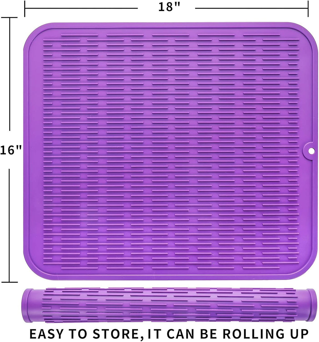 Silicone Dish Drying Mat for Multiple Usage,Easy clean,Eco-friendly,Heat-resistant Silicone Mat for Kitchen Counter or Sink,Refrigerator or Drawer Liner Purple XL 18 inches x 16 inches