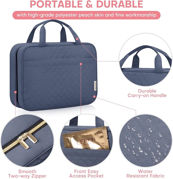 Travel Size Toiletry Bag for Women, Portable Cosmetic Bag with Hanging Hook, Travel Essentials Water-resistant Makeup Organizer for Accessories, Shampoo, Full-size Container, Toiletries