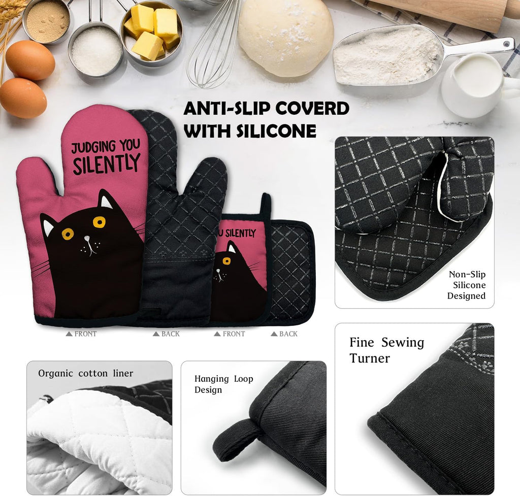 ZHANTUONE Judging You Silently Funny Heat Resistant Oven Mitts and Pot Holders Set with Silicone Non-Slip, Cute Cat Cooking Baking Gadgets, Gifts for Mom Aunt Sister BFF Cat Lover
