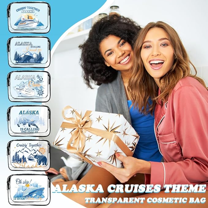 6 Pcs Clear Alaska Makeup Bags Gifts for Women, Beach Cruise Cosmetic Bag,Alaska Cruise Essentials, Travel PVC Waterproof Toiletry Bags for Girls Sister Daughter Nurse Teacher