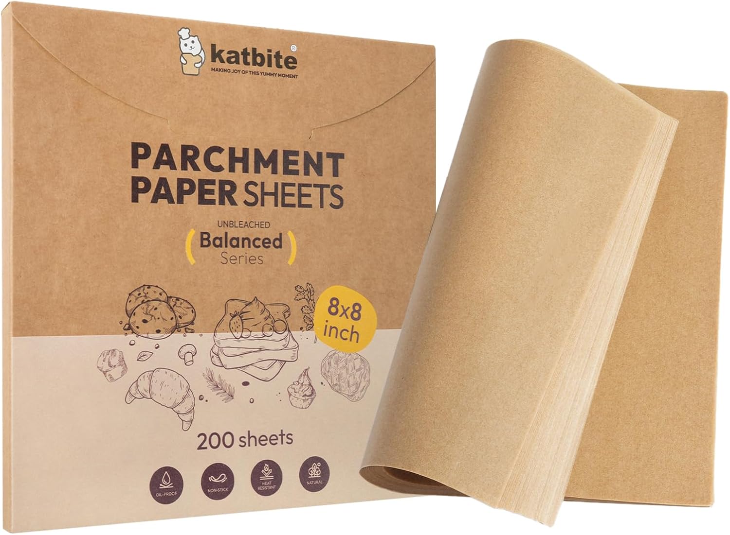 Katbite 200 Pcs Parchment Paper, 8 x 8 Inch Unbleached Baking Paper, Oil Resistant & Easy Clean, Non-Stick Precut Parchment Paper Sheets for Baking Square, Cooking, Air Fryer [Balance Series]