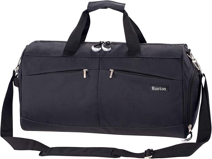 Kuston Sports Gym Bag with Shoes Compartment &Wet Pocket Gym Duffel Bag Overnight Bag for Men and Women-Black