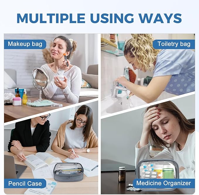 Moyad TSA Approved Clear Toiletry Bag, 3 Pack Quart Size 3-1-1 Liquids Pouch for Travel, Transparent Makeup & Cosmetic Organizer for Women Men, Grey