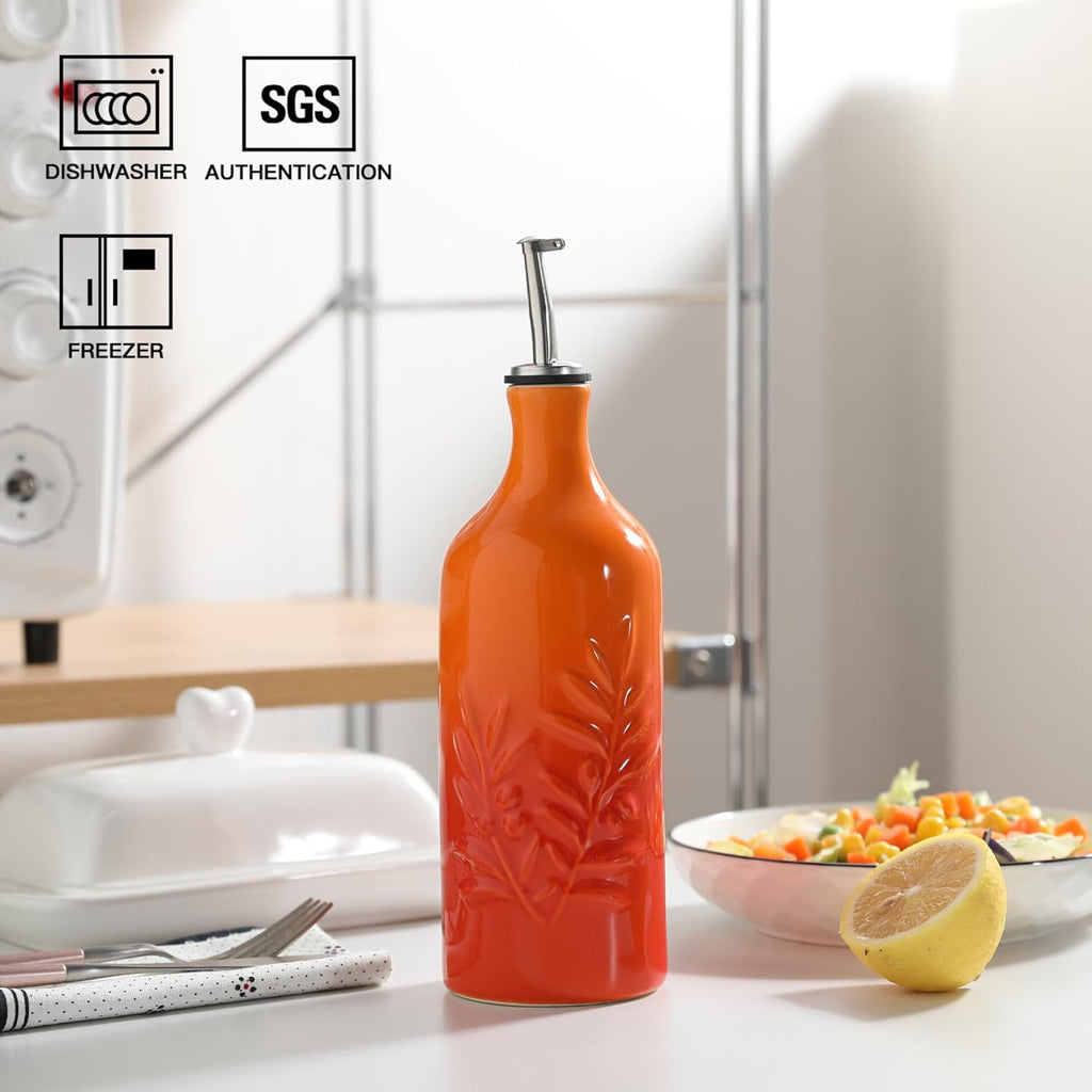 Sweejar Ceramic Olive Oil Dispenser Bottle, 20 Oz Relief Opaque Oil Cruet Protects To Reduce Oxidation, Suitable for Storage Soy Sauce, Coffee Syrup, Liquids, Set of 1 (Gradient Orange)